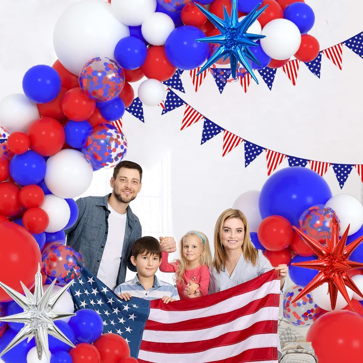 Blue White Red 4D Starburst Star 4th July Patriotic Decorations Baseball Birthday Party Garland Foil Latex Confetti Arch Balloon