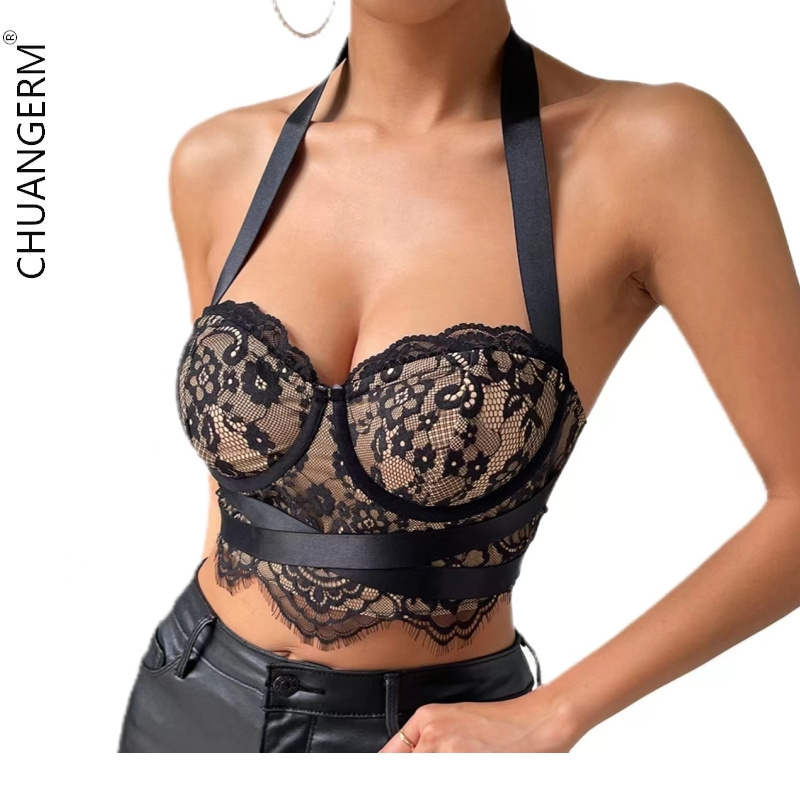 Chuangerm Factory Hot Sale Y2k Sexy Corset Tops For Women Lace Eyelash Slim Fit Backless Midriff-Baring Halter-Neck Crop Top