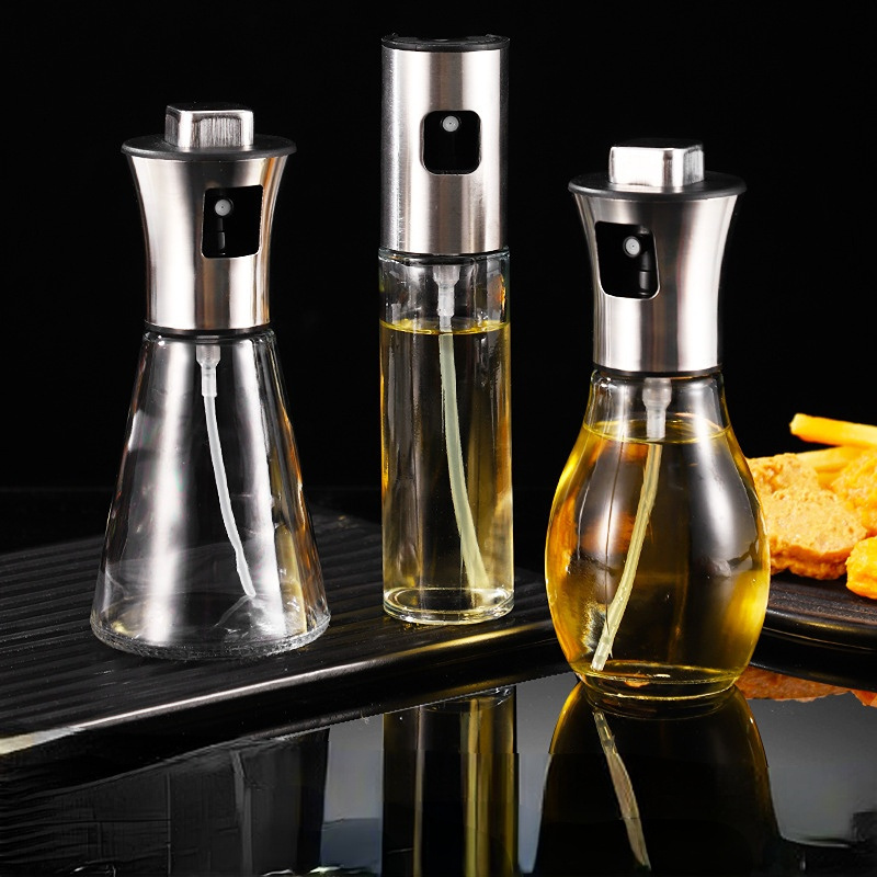 Hot Selling Kitchen Cooking Stainless Steel Oil Spray Bottle Glass Bottle Body Oil container Easy for Cooking