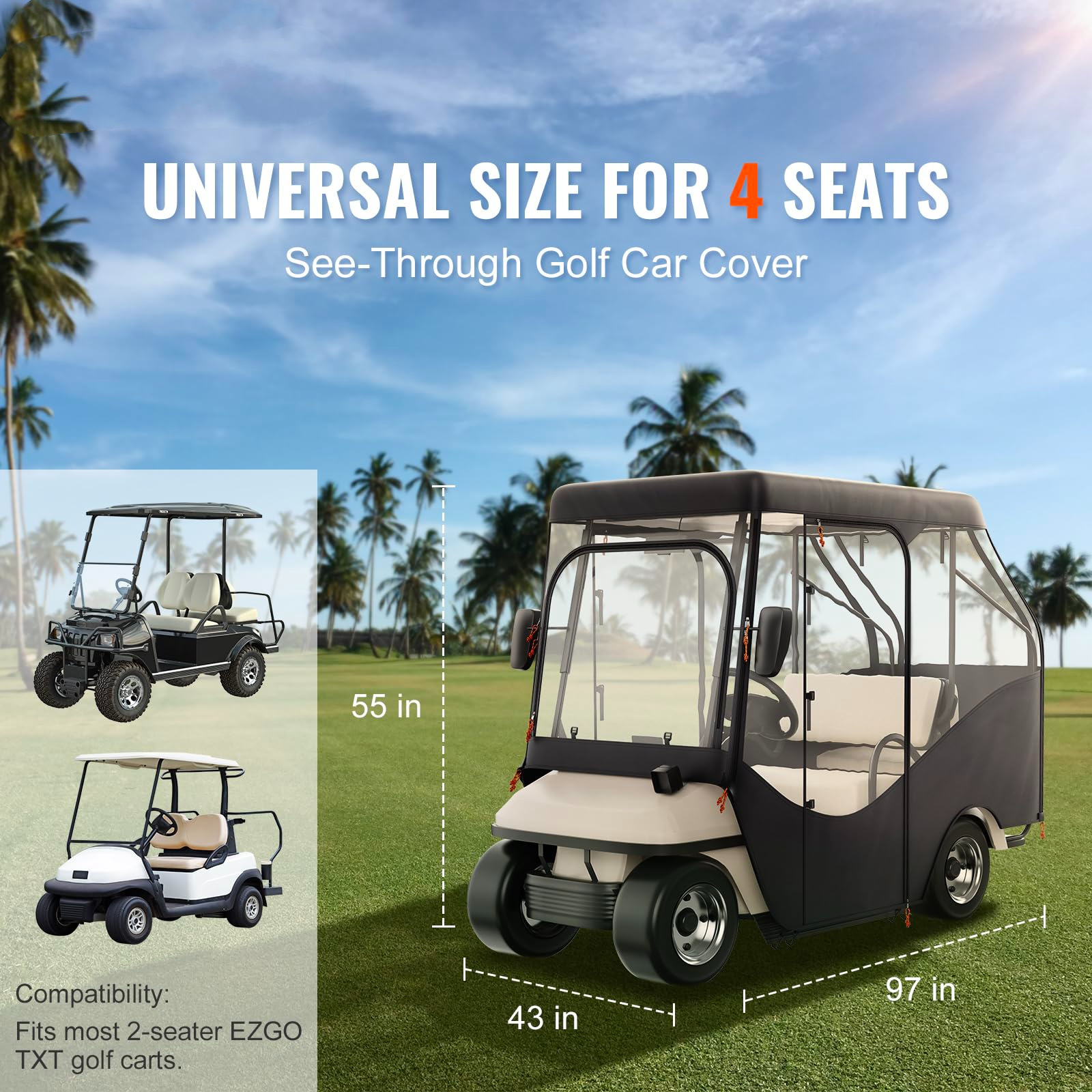 CLM 2+2 Passenger Wider Vision Golf Cart Enclosures Windproof And Rainproof Golf Cart Enclosure 600D