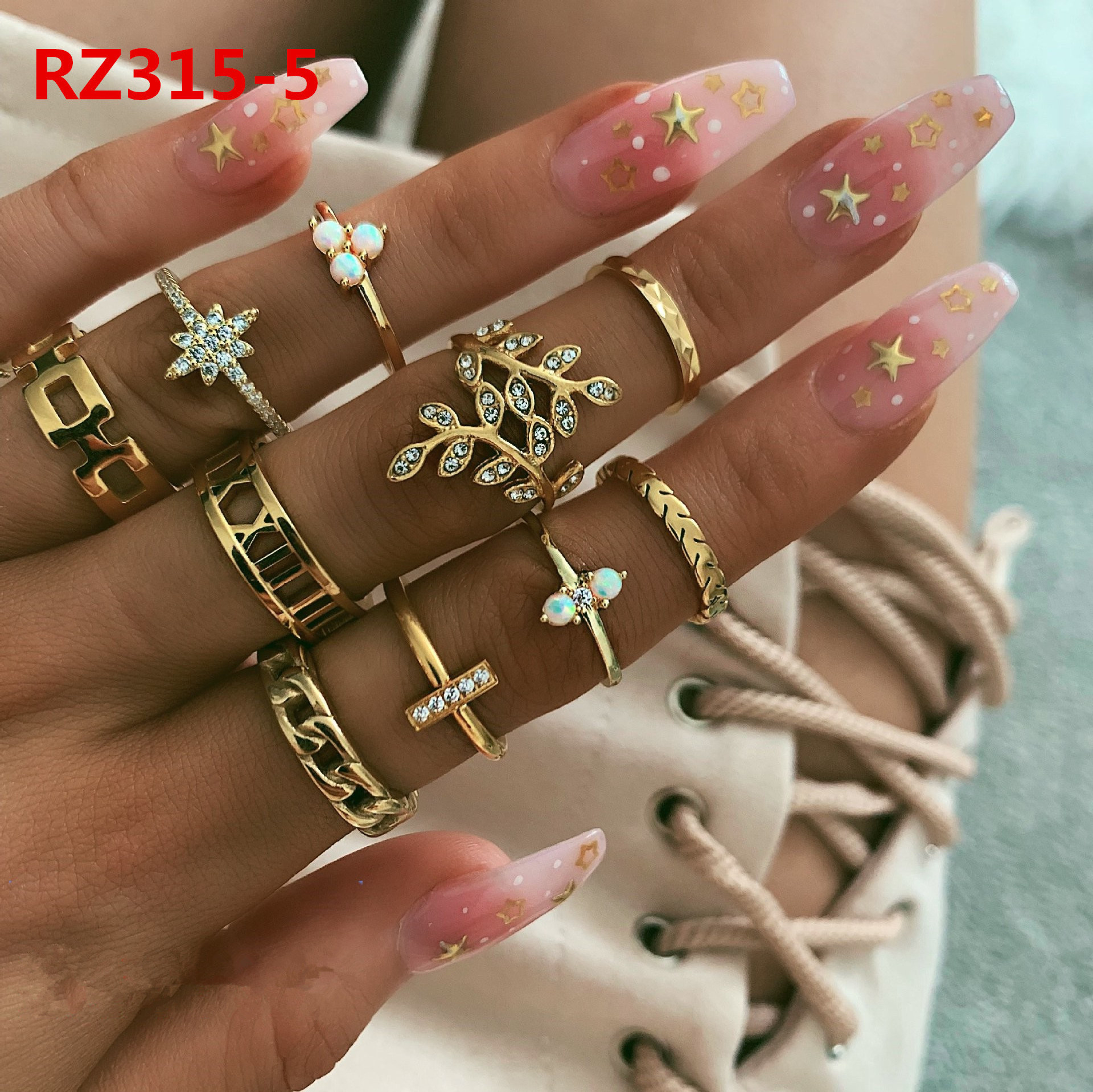 Women's Fashion Geometric Rings Shiny Antiques Crystal Personality Jewelry Ins Hot Finger Boho/hippie Rings Set