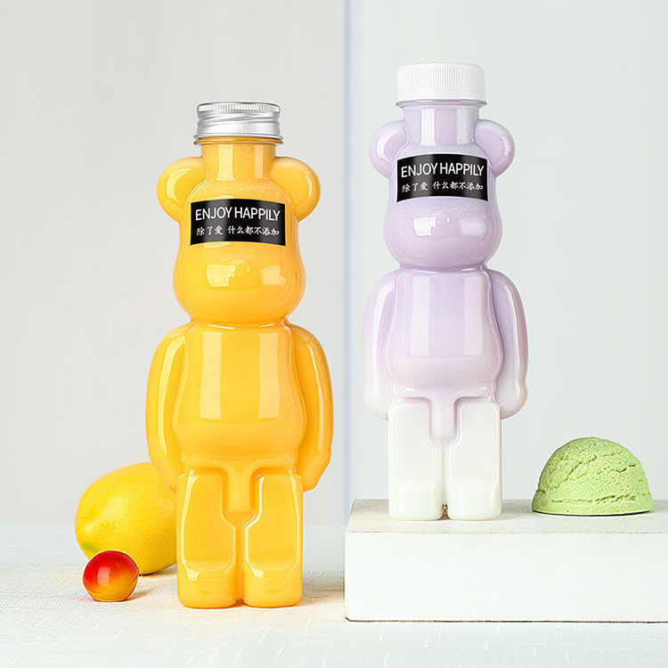 Hot selling 350ml 400ml 500ml 700ml Pet Plastic Bear Shape Juice Bottle for drinking with cap and straps