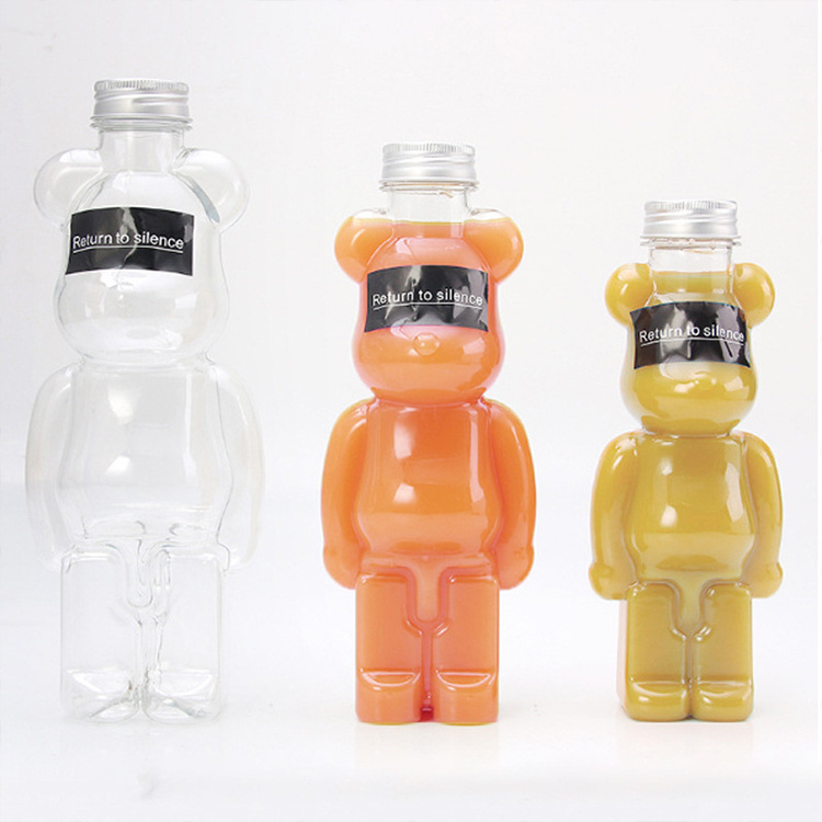 Hot selling 350ml 400ml 500ml 700ml Pet Plastic Bear Shape Juice Bottle for drinking with cap and straps