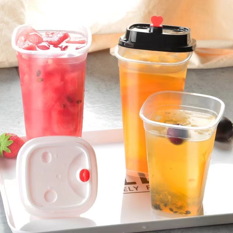 Transparent Plastic Cups 12oz 16oz 20oz lemonade cups Square Shape PP Hard Injection cold ice cup with lids