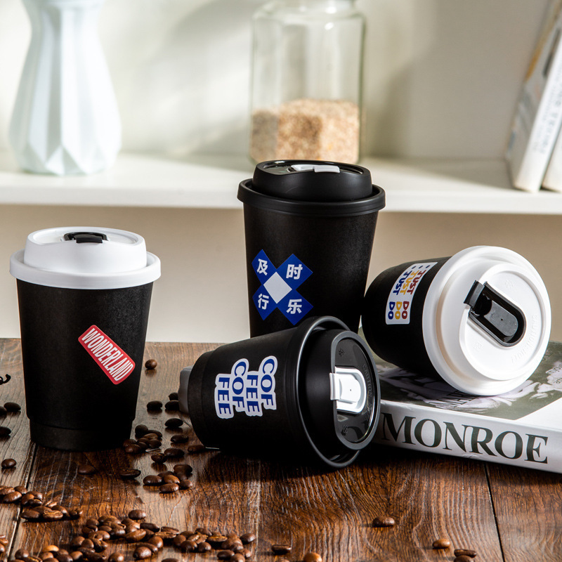 Custom logo 8/12/16/22Oz biodegradable black bdouble wall paper cup with lids juice coffee paper cup