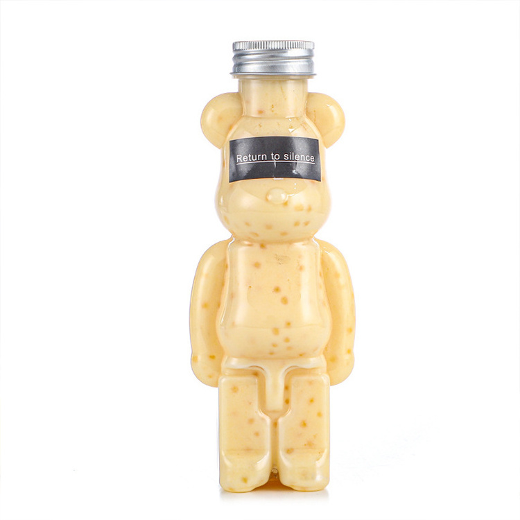 Hot selling 350ml 400ml 500ml 700ml Pet Plastic Bear Shape Juice Bottle for drinking with cap and straps