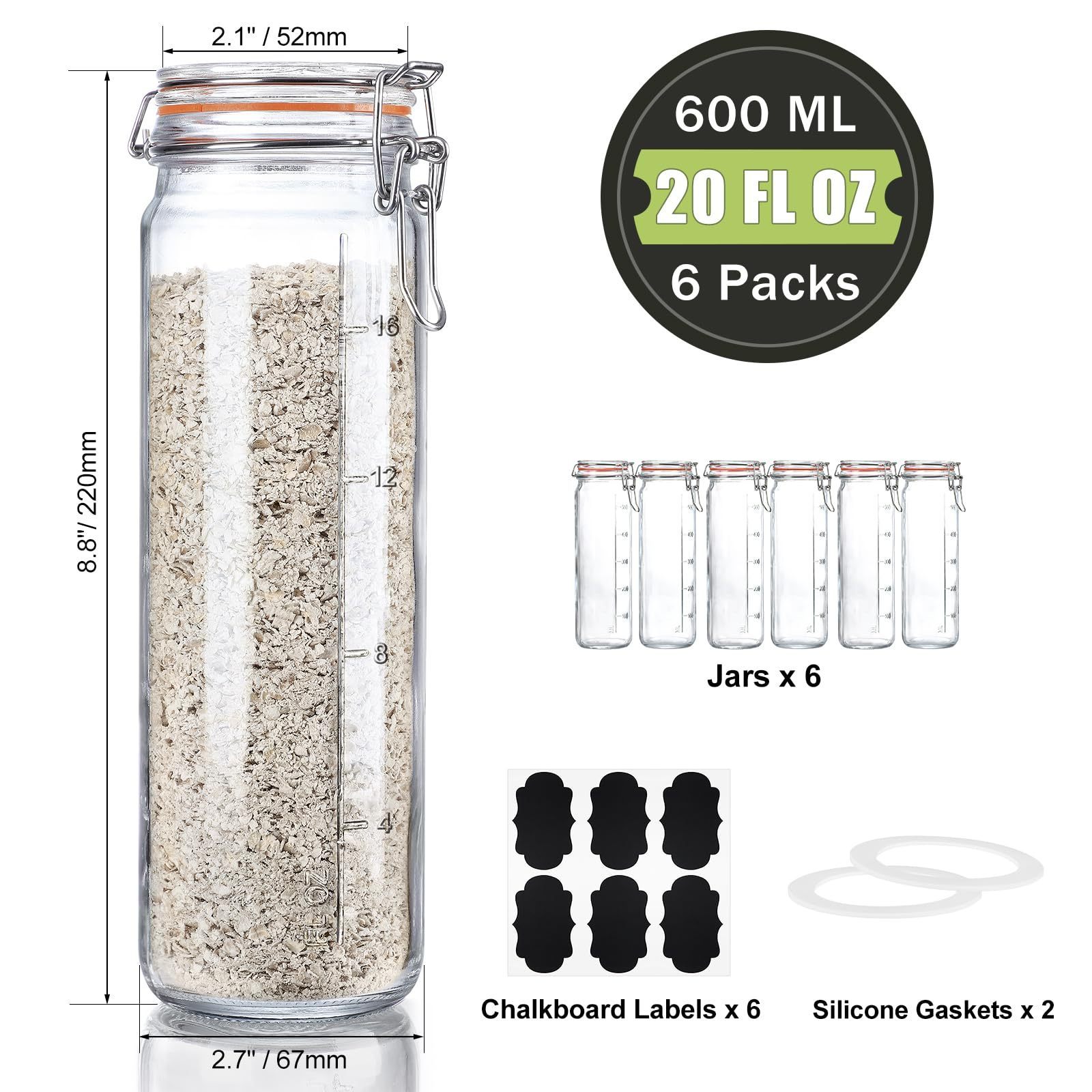 Hot Sale 20oz 600ml Clip Top Storage Glass Jars Set With Glass Swing Lid And Rubber Ring For Snack Straight Round Glass Jars