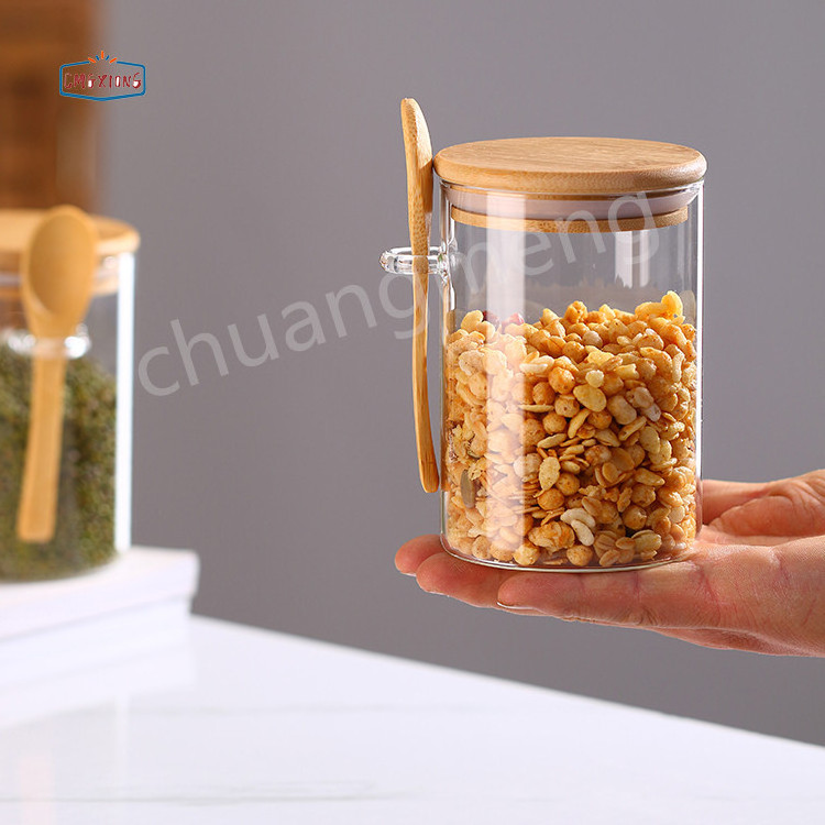 Household Food Jar Set Flip Lid Seasoning Box Salt Shaker Kitchen Bottle Sugar Bowl Glass Organizer With Bamboo Lid And Spoon