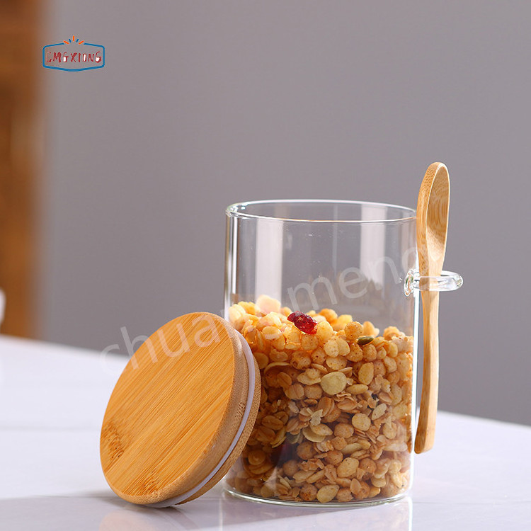 Household Food Jar Set Flip Lid Seasoning Box Salt Shaker Kitchen Bottle Sugar Bowl Glass Organizer With Bamboo Lid And Spoon