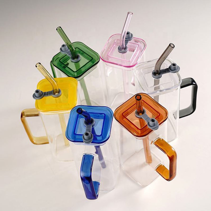 Colored Handle Glass With Lid Straw Cup Office Ins Square Borosilicate Glass Beverage Milk Tea Drinking Cup