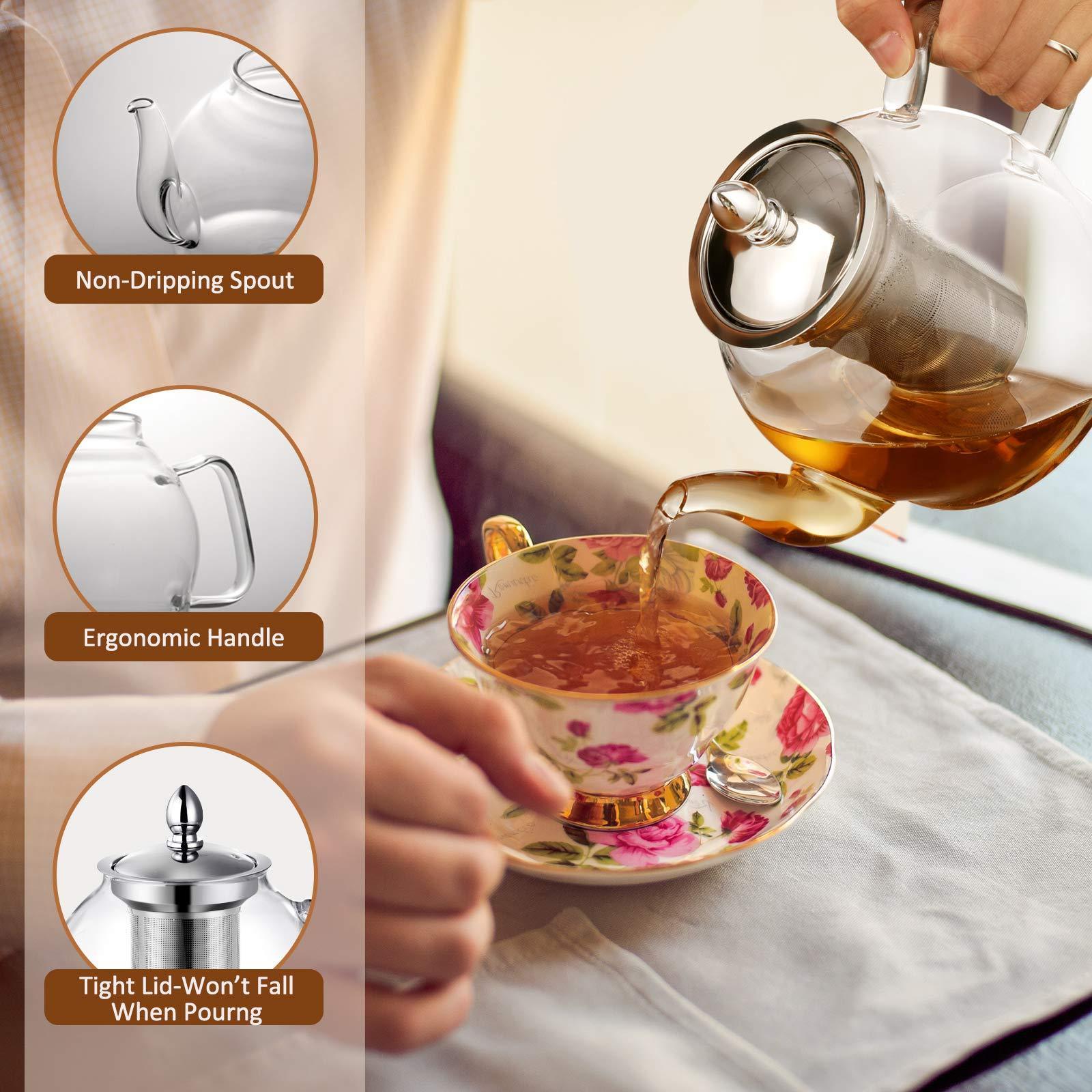 Glass Teapot Kettle With Stainless Steel Removable Infuser For Blooming Tea Loose Leaf Tea