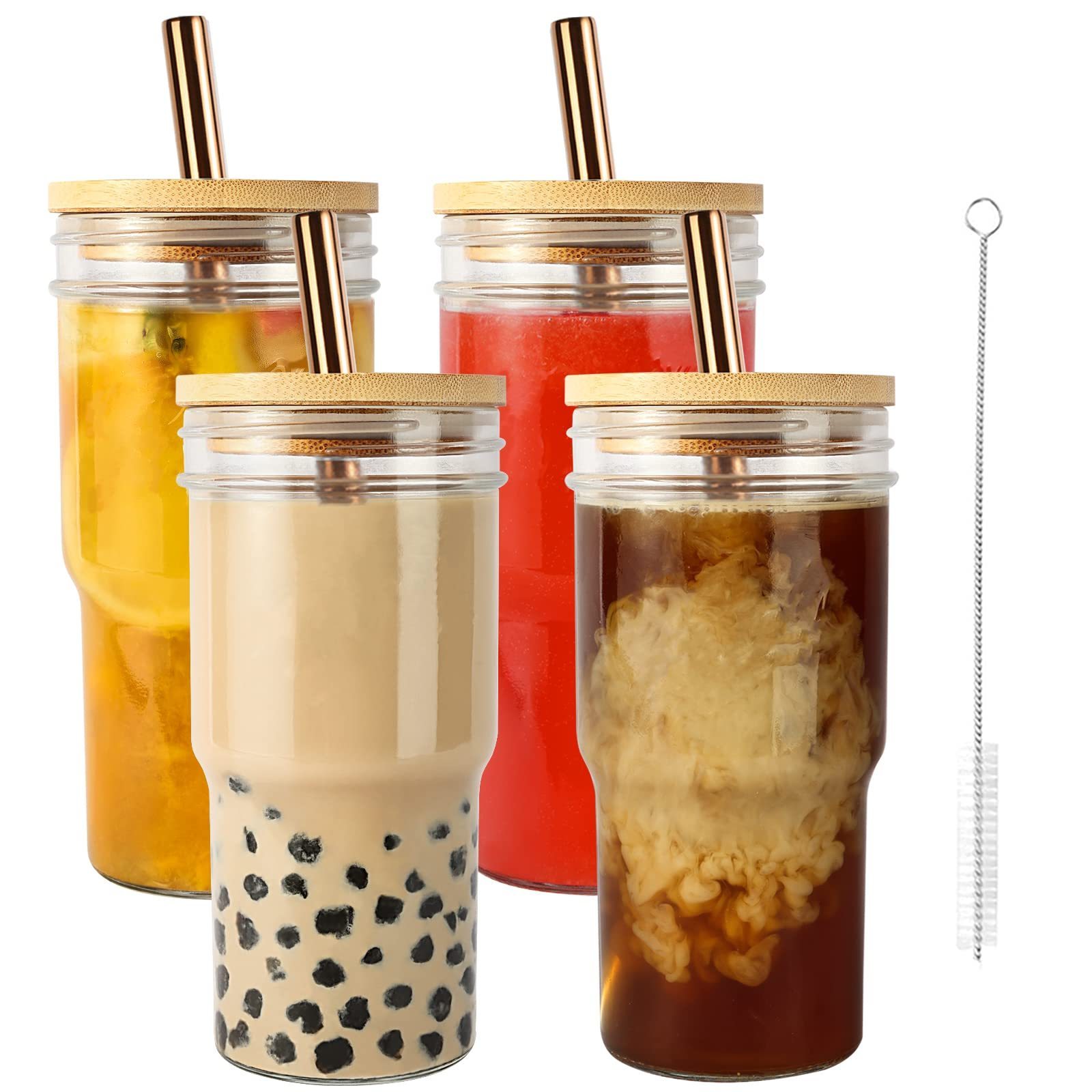 Wholesale Glass Iced Coffee Cups Clear Wide Mouth Mason Jar with Bamboo Lids and Straws