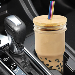 Wholesale Glass Iced Coffee Cups Clear Wide Mouth Mason Jar with Bamboo Lids and Straws