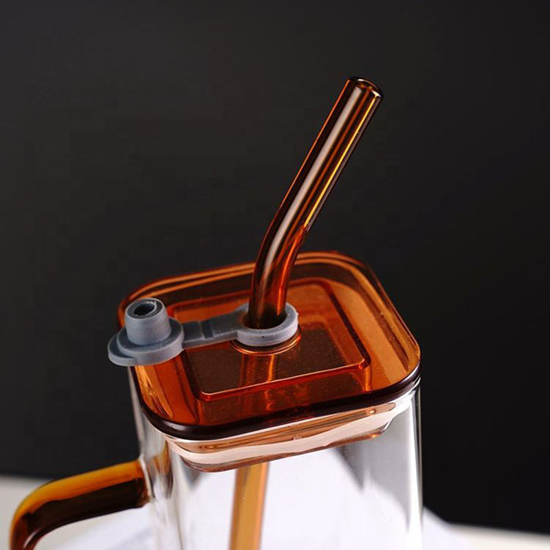 Colored Handle Glass With Lid Straw Cup Office Ins Square Borosilicate Glass Beverage Milk Tea Drinking Cup