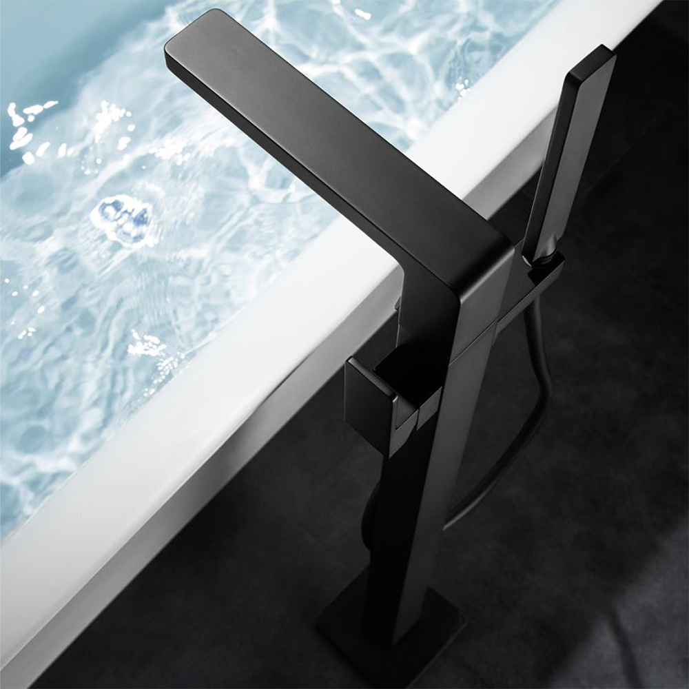 Modern Design Single Handle Floor Free Stand Black Bathtub Faucet Matte Black Bath Shower Faucet With Hand Shower