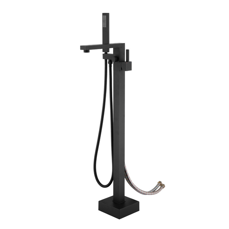 Modern Design Single Handle Floor Free Stand Black Bathtub Faucet Matte Black Bath Shower Faucet With Hand Shower