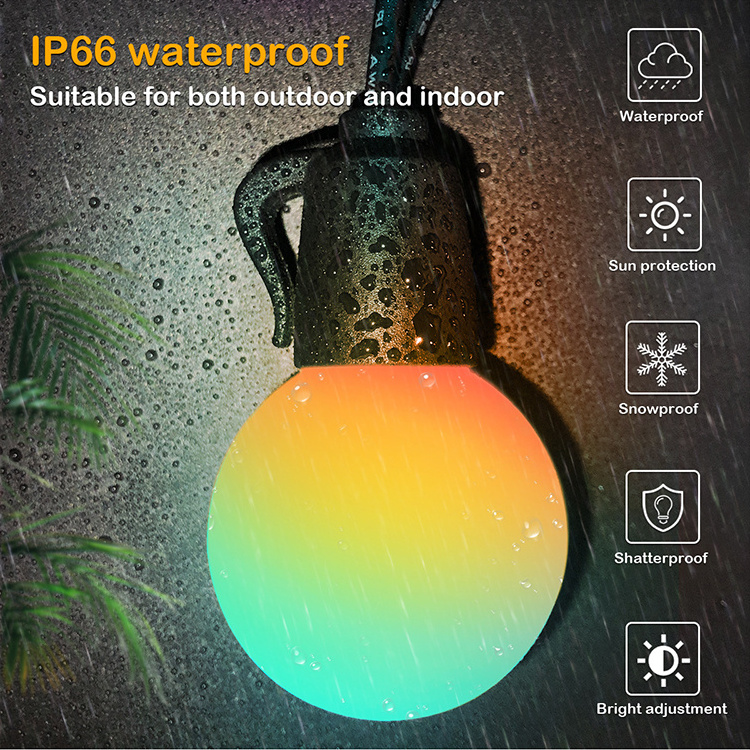 RGBW Outdoor String Lights,IP65 Water Resistant 20/25/40 LED Bulbs with DIY and 8 Scene Modes,Connectable and Dimmable for Party