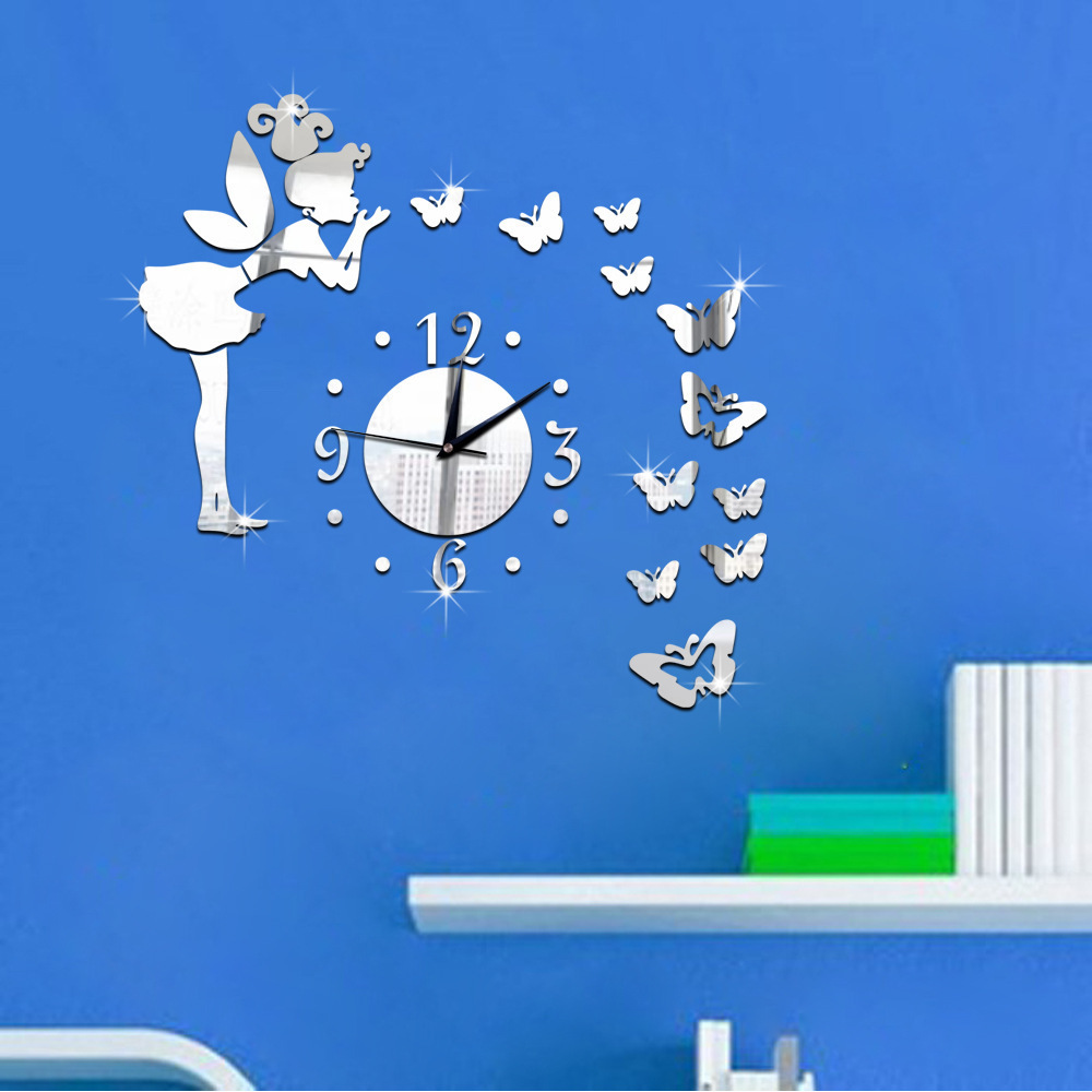 Speedy Seller Outlet Acrylic Mirror Wall Clocks Creative Fairy Butterfly Mute Wall Clock