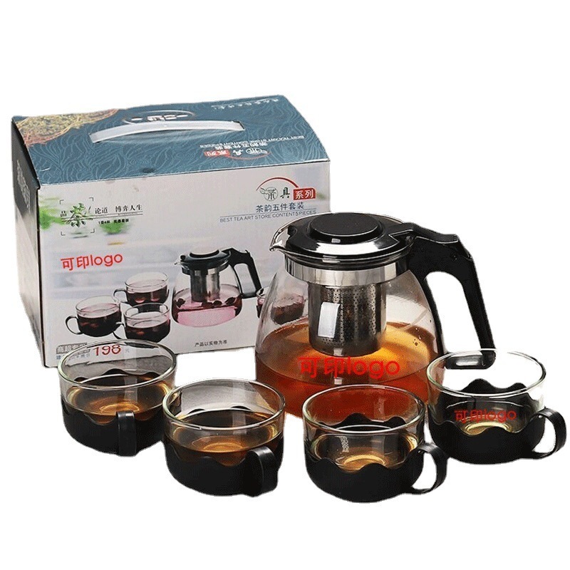 Five-piece Glass Flower Teapot Large-capacity Household Kung Fu Filter Tea Set Drinkware Restaurants Coffee & Tea Sets Tea Pot