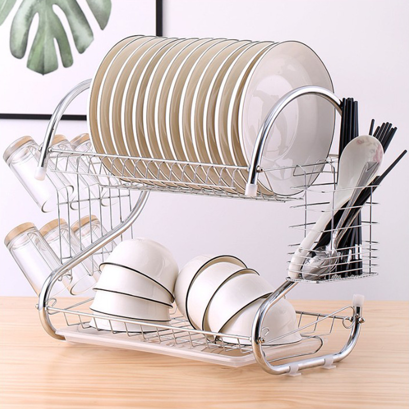 Dish drying rack 2-tier S stainless steel kitchen dish drainer rack kitchen storage with drainboard cutlery cup drying rack