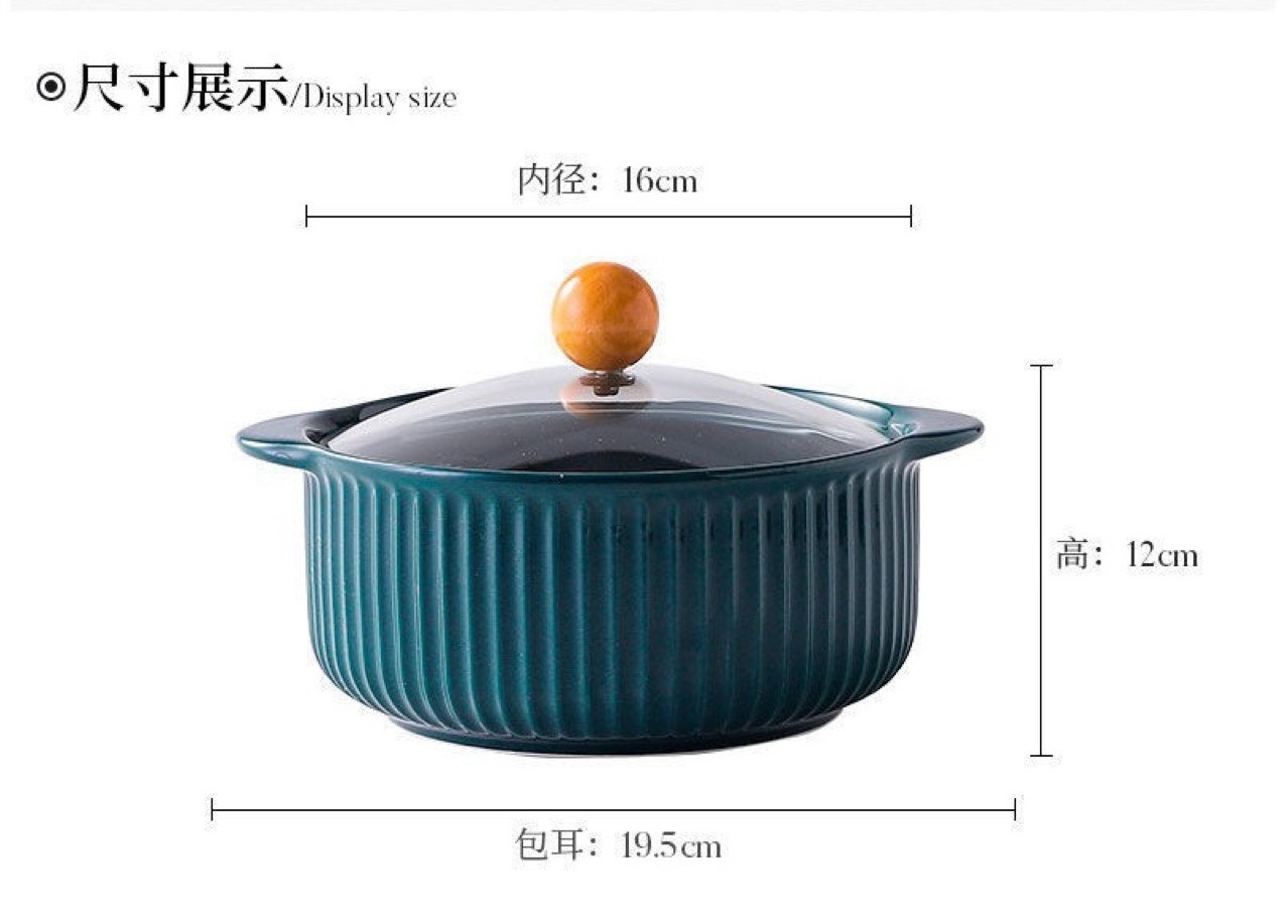 New Nordic ceramic two ear ceramic cooking pot kitchen tableware Casserole stripe instant noodles bowl stew soup pot with cover