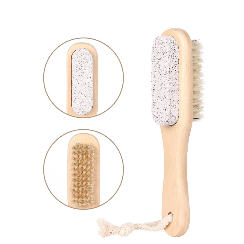 Foot Natural Bristle Brush Pumice Volcanic Stone Exfoliator Pedicures Calluses Remover With Wooden Handle