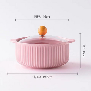 New Nordic ceramic two ear ceramic cooking pot kitchen tableware Casserole stripe instant noodles bowl stew soup pot with cover