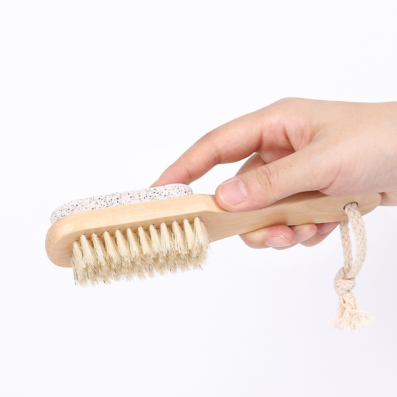 Foot Natural Bristle Brush Pumice Volcanic Stone Exfoliator Pedicures Calluses Remover With Wooden Handle