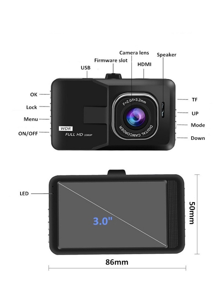 Full Hd 1080p Dash Cam 3.0inches Car Camera Dvr 170 Degree Wide Angle Recorder Car Dash Cam