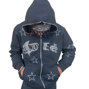 !! new trends !! Custom French Terry Heavyweight High Quality rhinestone Full Zip Hoodie 80% cotton 20% polyester Zip Hoodie