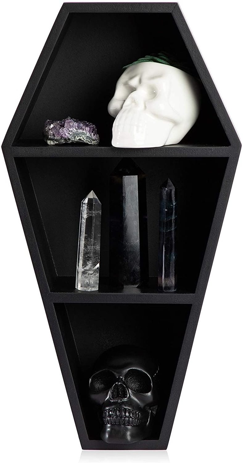 Coffin Shelf - Spooky Gothic Decor For The Home - Black Floating Wooden Shelf For Wall Or Table Top - 14 Inches Tall By 7 Inches