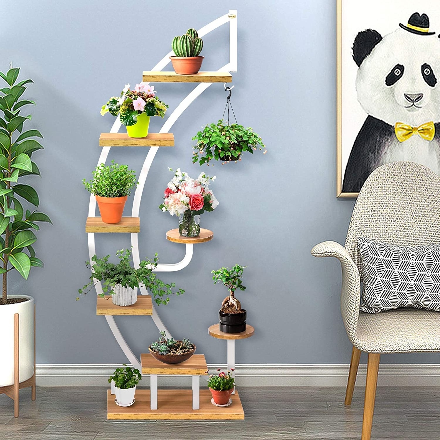 6 Tier 9 Potted Steel-Wood Plant Stand Curved Flower Pot Holder Shelf with Hanger for Indoor Outdoor