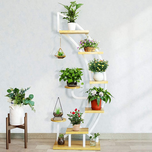 6 Tier 9 Potted Steel-Wood Plant Stand Curved Flower Pot Holder Shelf with Hanger for Indoor Outdoor