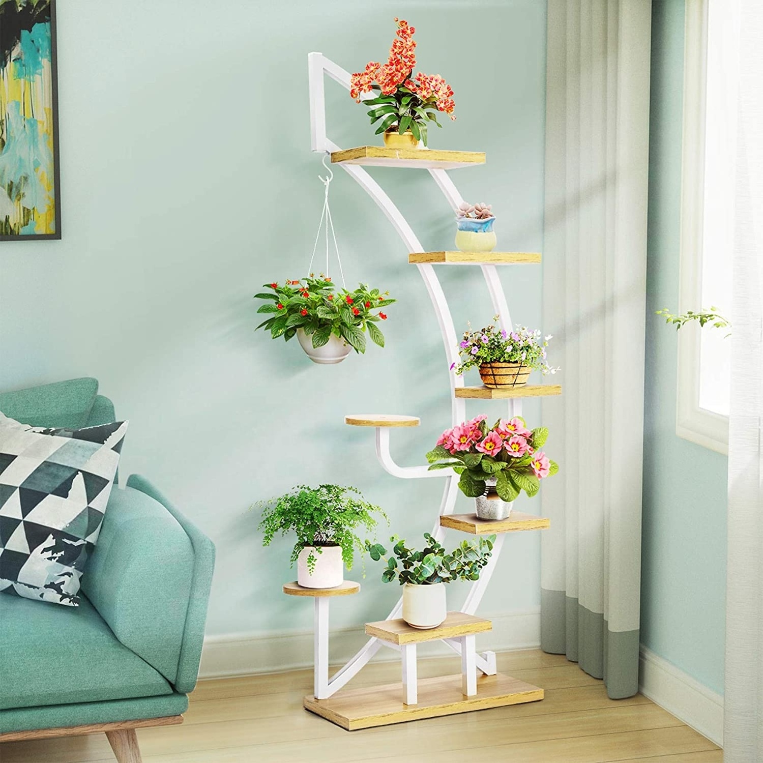 6 Tier 9 Potted Steel-Wood Plant Stand Curved Flower Pot Holder Shelf with Hanger for Indoor Outdoor