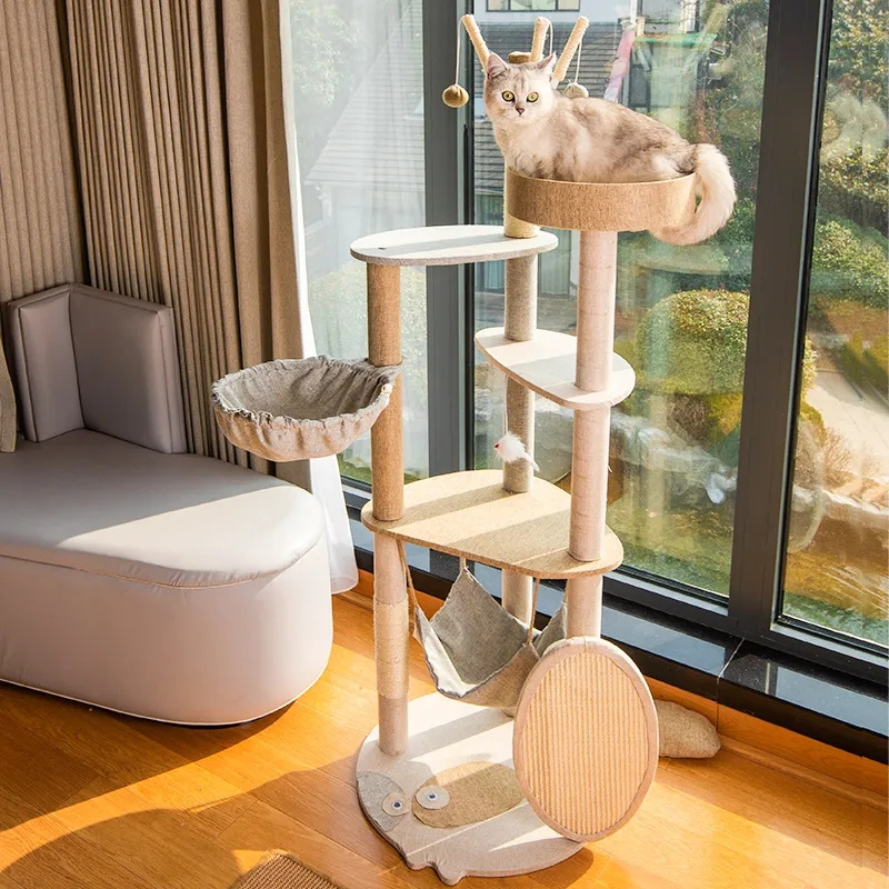 Cat Wooden Tree Tower With Sisal Rope And Scratching Post For Kittens House Play Hammock Climbing Multilayer Scratcher Furniture