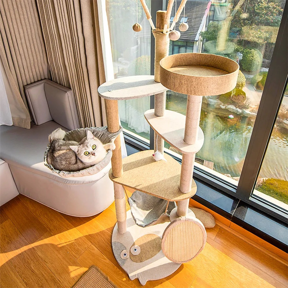 Cat Wooden Tree Tower With Sisal Rope And Scratching Post For Kittens House Play Hammock Climbing Multilayer Scratcher Furniture