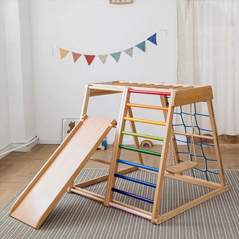 Wooden Rainbow Climbing Frame Indoor Playground for Kids Activity Climber Ladder Swing Slide Play Structure Set