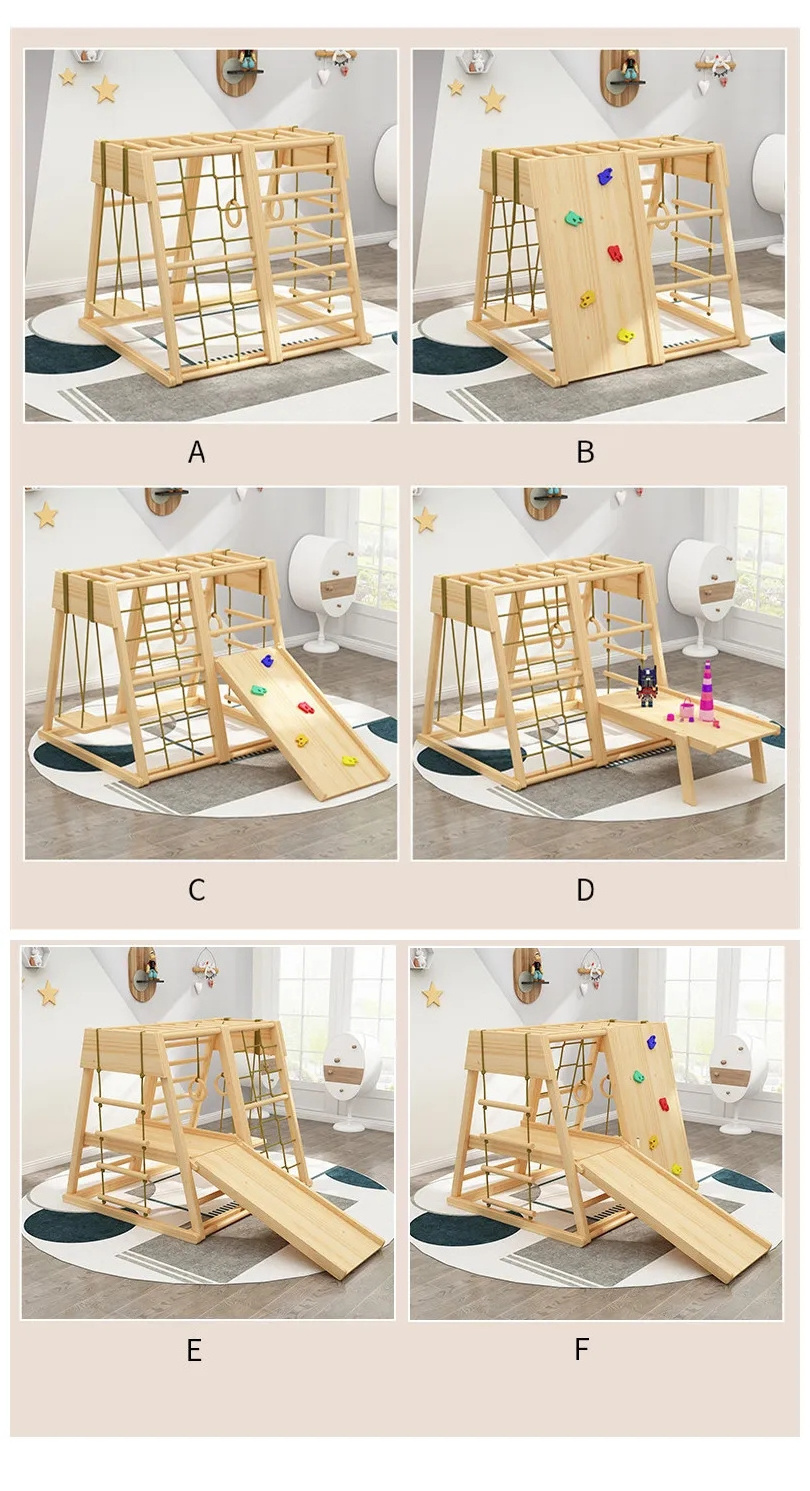 Kids Indoor Playground Activity Gym Equipment Exercise Fitness Home Slides Rope Wooden Climbing Frame Swing Set