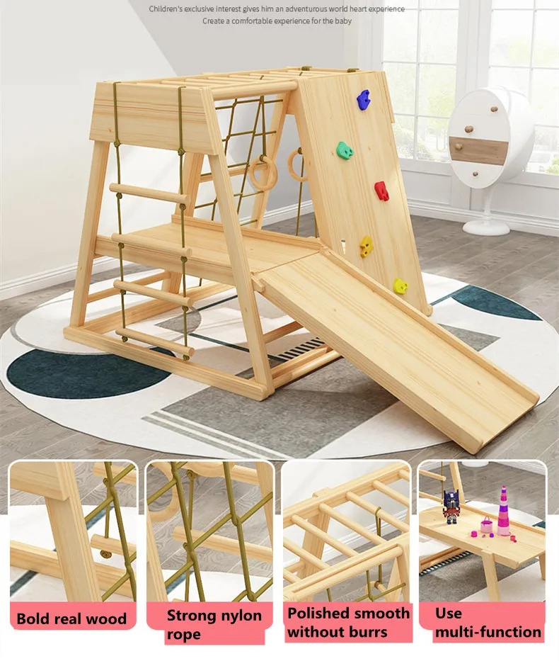 Kids Indoor Playground Activity Gym Equipment Exercise Fitness Home Slides Rope Wooden Climbing Frame Swing Set