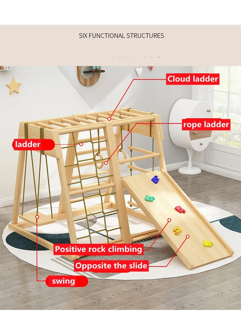 Kids Indoor Playground Activity Gym Equipment Exercise Fitness Home Slides Rope Wooden Climbing Frame Swing Set