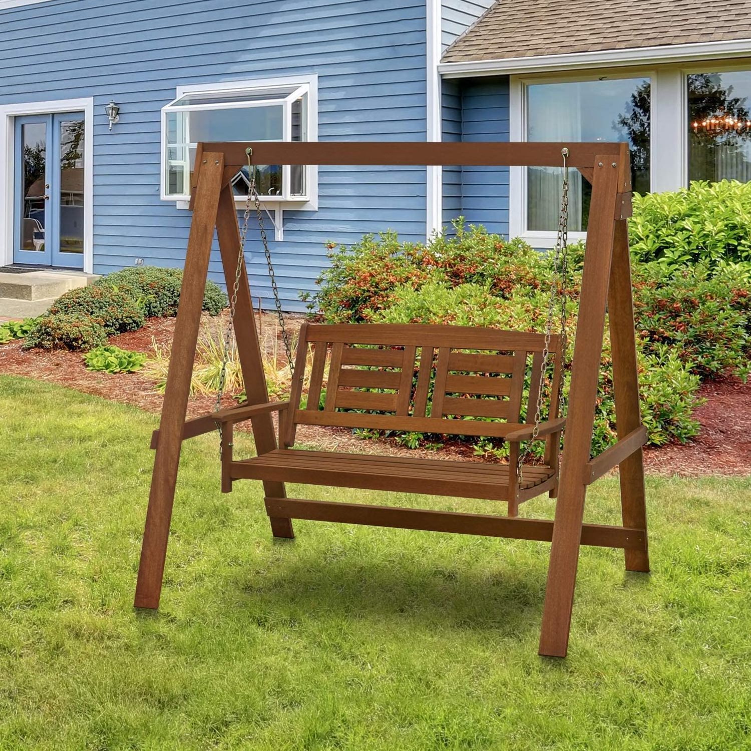 Hardwood Patio Furniture Porch Swing with Stand in Teak Oil, 2-Seater with Frame, Natural