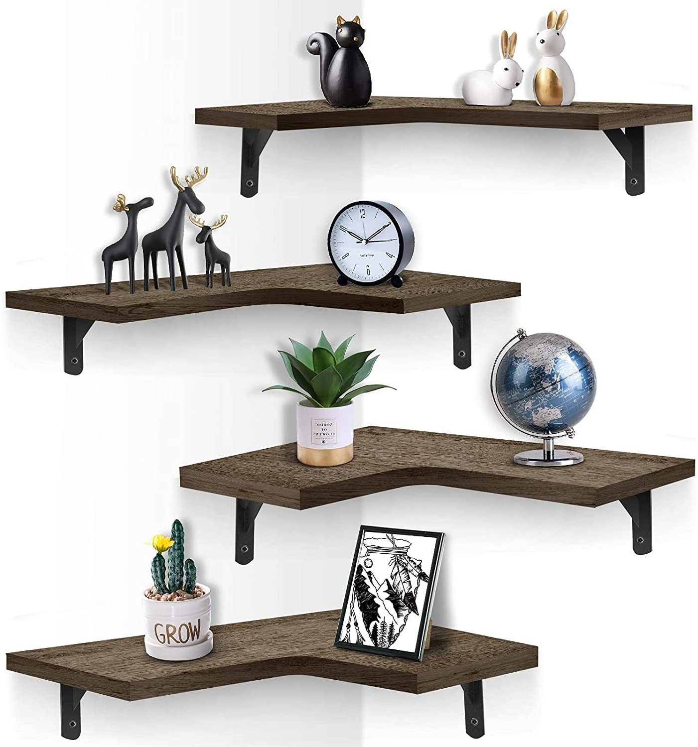 Corner Floating Shelves Wall Mounted Set of 4, Rustic Wood Wall Storage Shelves for Bedroom