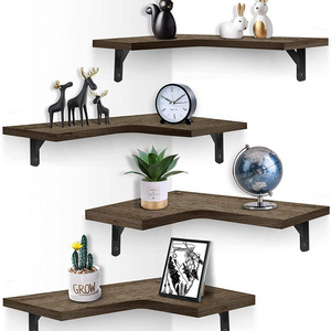 Corner Floating Shelves Wall Mounted Set of 4, Rustic Wood Wall Storage Shelves for Bedroom