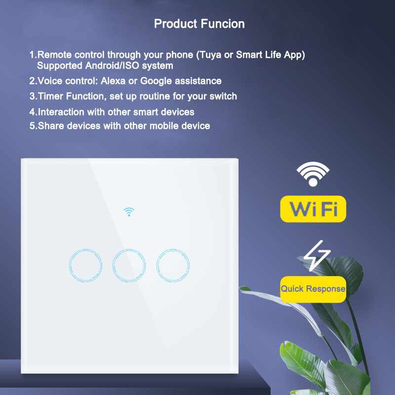 WIFI Touch Switch Tuya Smart Switch Remote Control EU 3 gang 1 Way Wall Light Switches White No Neutral