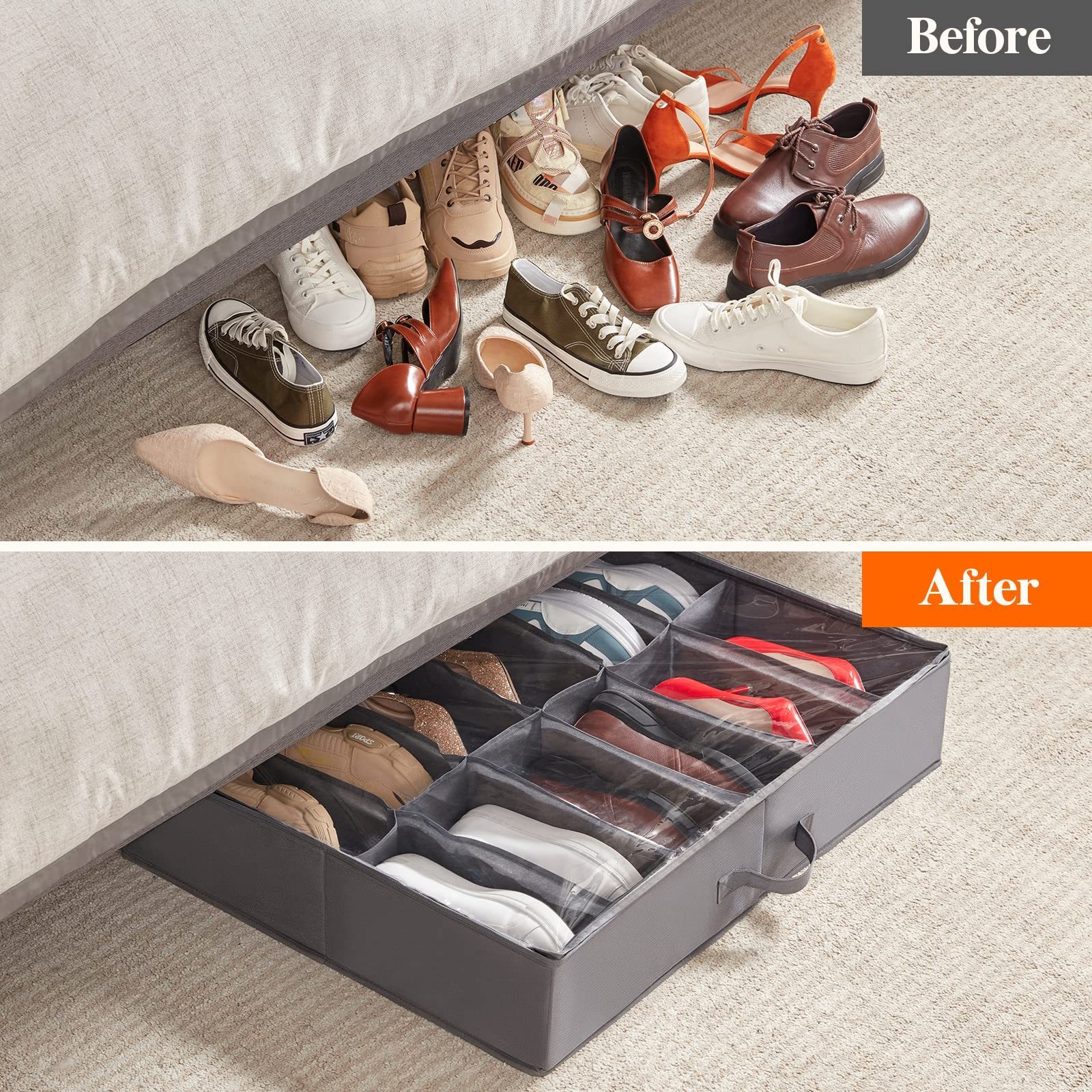 Space Saving Horizontal Shoe Organizer 12 Pairs Stackable Plastic Underbed Shoe Fabric Closet Storage Organizer Box Cabinet