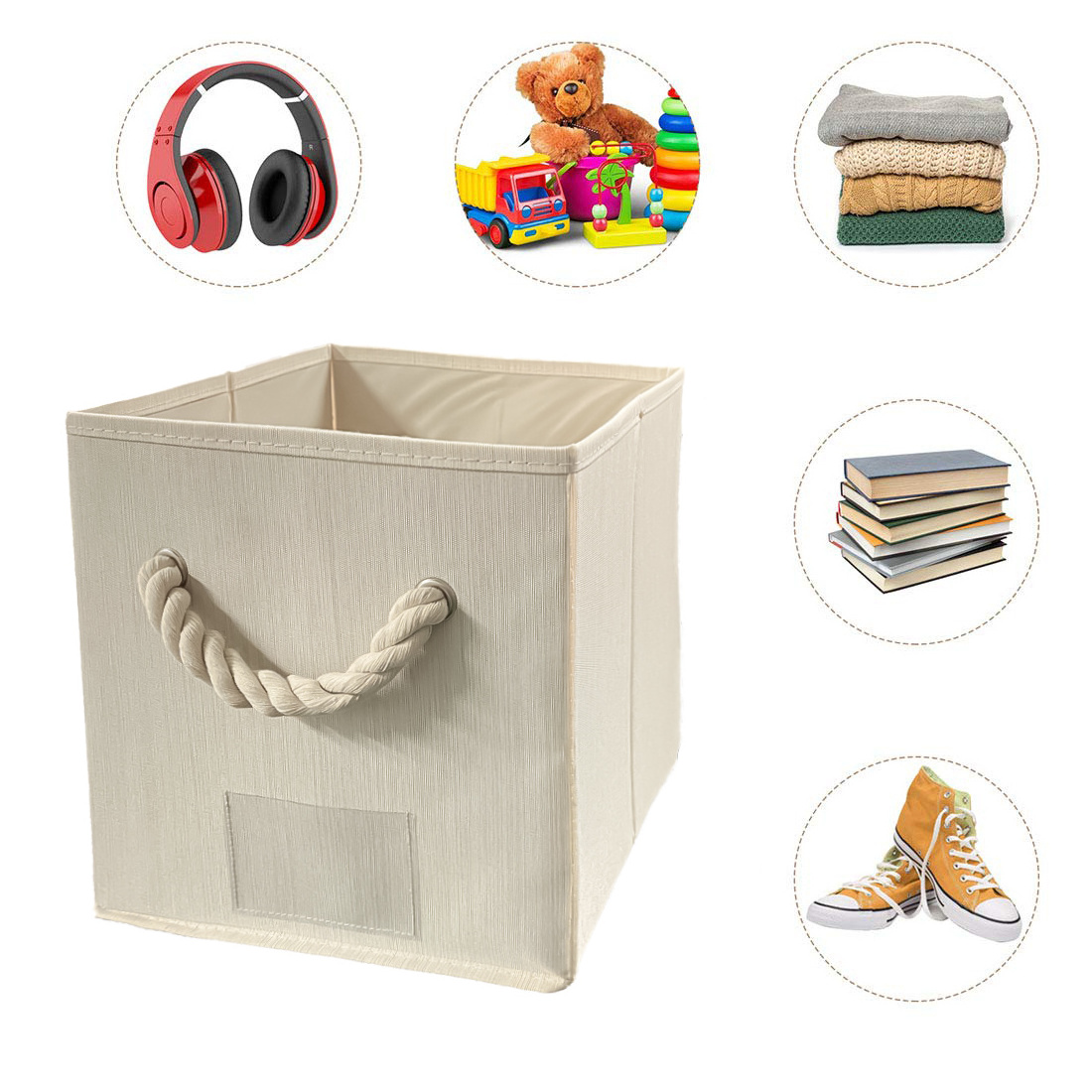 Large Foldable Bamboo Fabric Organizer With Cotton Rope Handle Fabric Covered Cardboard Storage Box