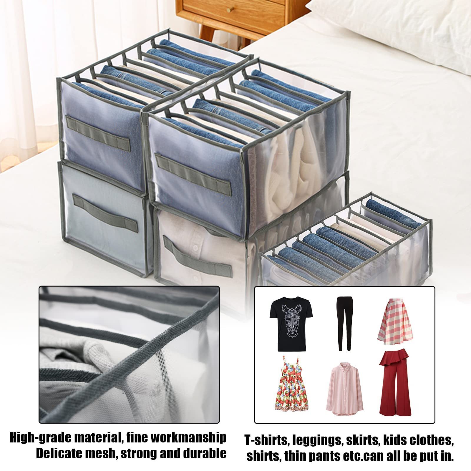 Foldable Closet Drawer Organizer Divider Washable Mesh Wardrobe Clothes Underwear Jeans Pants Storage Box