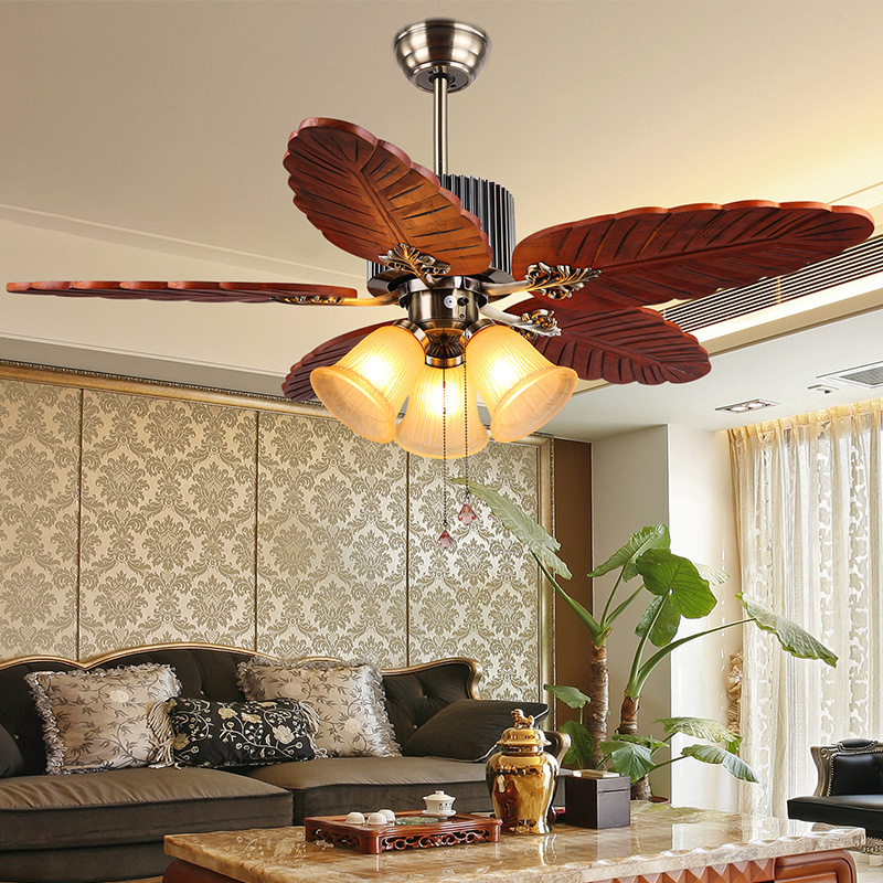 Modern decorative 36/42/48 inch pull chain 5 solid wood blades chandelier ceiling fan with light