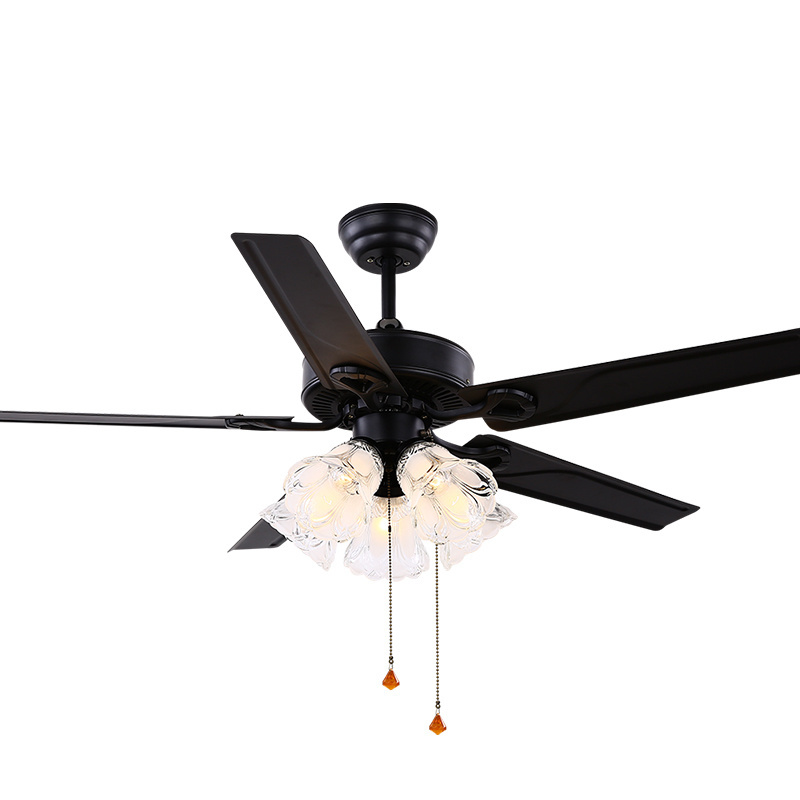 Modern decorate fan lamp black iron blades pull chain control ceiling fan light with remote control chandelier