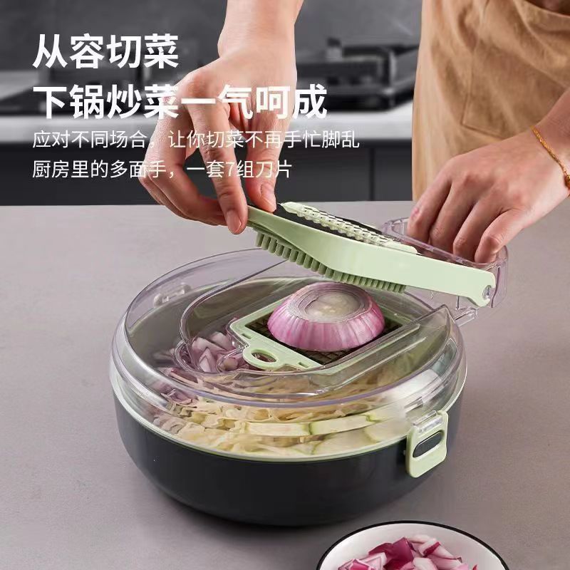 9 In 1 Vegetable Chopper Multifunction Cutter Hand Operated Held Manual Onion Food Slicer With Drain Basket